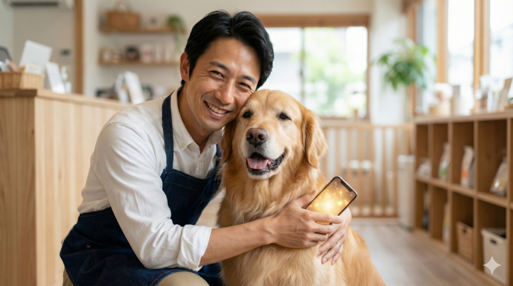 AI業務効率化をしてゴールデンレトリバーを笑顔で抱きしめるペットサロン店長