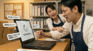 AIチャットでフリーズした重いPCに激怒する店長と、それを止める女性スタッフ